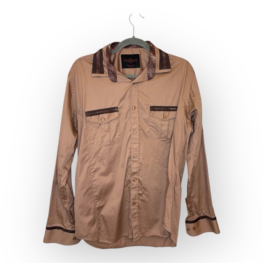 Ferreti Brown Western Snakeskin Print Trim Button Down Cowboy Shirt Large